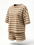 Summer Women's Casual Loose-Fit Striped Short-Sleeve T-Shirt and Shorts Two-Piece Set