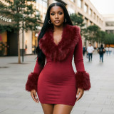 Fall/Winter Women's Sexy Mini Bodycon Dress with Fur-Trimmed Cuffs