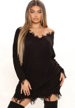 Women's Plus Size Loose V-Neck Pullover Asymmetrical Tassel Sweater Dress Women's Plus Size Loose V-Neck Pullover Asymmetrical Tassel Sweater Dress
