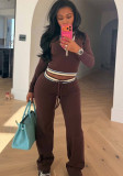 Women Casual Striped Turndown Collar Zipper Top & Bell Bottom Pants Two‑Piece Set