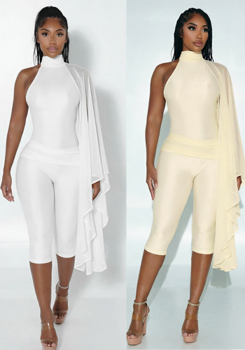 Fall/Winter Women's Solid Color Mock Neck Low-Back Pearl Button Half-Cape Jumpsuit