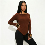 Fall/Winter Women's Color-Block Leopard Print Contrast-Cuff Round Neck Faux Fur Sweater