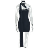 Women's Solid Color Slim-Waist Strapless Halter Lace-Up Bodycon Mini Dress