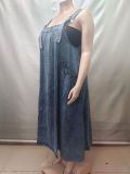 Women's Plus Size Denim Adjustable Strap Loose Maxi Dress