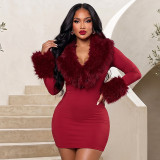 Fall/Winter Women's Sexy Mini Bodycon Dress with Fur-Trimmed Cuffs