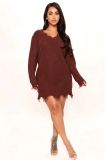 Women's Plus Size Loose V-Neck Pullover Asymmetrical Tassel Sweater Dress