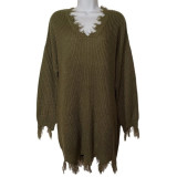 Women's Plus Size Loose V-Neck Pullover Asymmetrical Tassel Sweater Dress