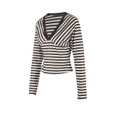 Women Striped V‑Neck Color‑Block Long‑Sleeve Basics T‑Shirt