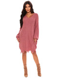Women's Plus Size Loose V-Neck Pullover Asymmetrical Tassel Sweater Dress