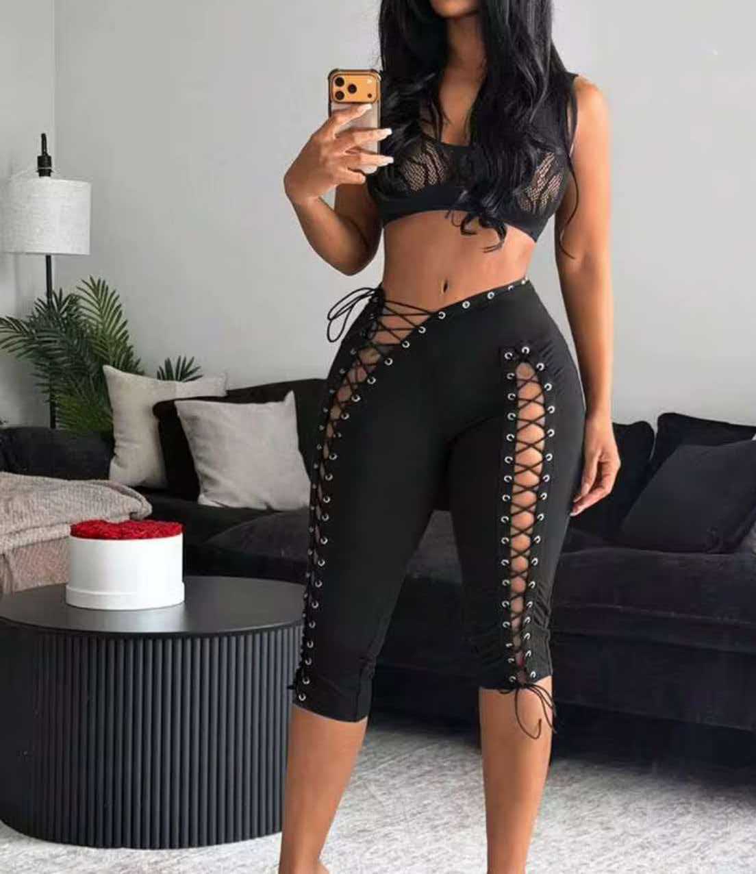 High-Waist Lace-Up Cutout Stretchy Slim-Fit Capri Yoga Pants