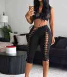 Women's High-Waist Lace-Up Cutout Stretchy Slim-Fit Capri Yoga Pants