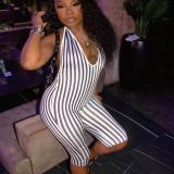 Women's Striped Cross Halter Neck Low-Back Sexy Tight-Fit Streetwear Jumpsuit