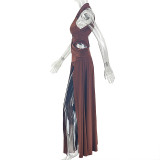 Summer Women's Sexy Solid Color Halter Neck Low-Back Slit Maxi Dress