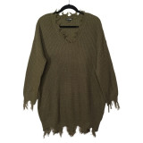 Women's Plus Size Loose V-Neck Pullover Asymmetrical Tassel Sweater Dress