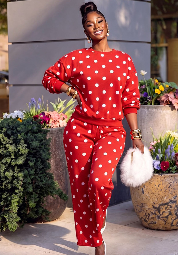 Women's Casual Polka Dot Print Long Sleeve Top and Pants Two-Piece Set