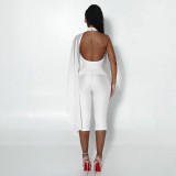 Fall/Winter Women's Solid Color Mock Neck Low-Back Pearl Button Half-Cape Jumpsuit