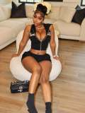 Women's Y2K Streetwear Black Sleeveless Hooded Vest and High-Waist Shorts Set
