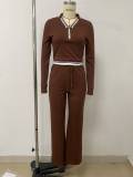 Women Casual Striped Turndown Collar Zipper Top & Bell Bottom Pants Two‑Piece Set