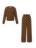 Women's Casual Polka Dot Print Long Sleeve Top and Pants Two-Piece Set