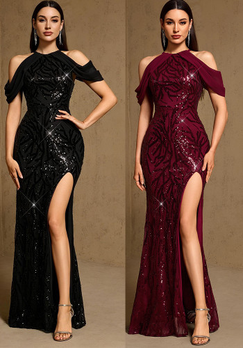 Fall/Winter Women's Off-Shoulder Chiffon Patchwork Sequin High-Slit Mermaid Evening Party Dress