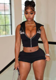 Women's Y2K Streetwear Black Sleeveless Hooded Vest and High-Waist Shorts Set