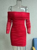 Women's Red Sequin Off-Shoulder Long-Sleeve Bodycon Mini Party Dress