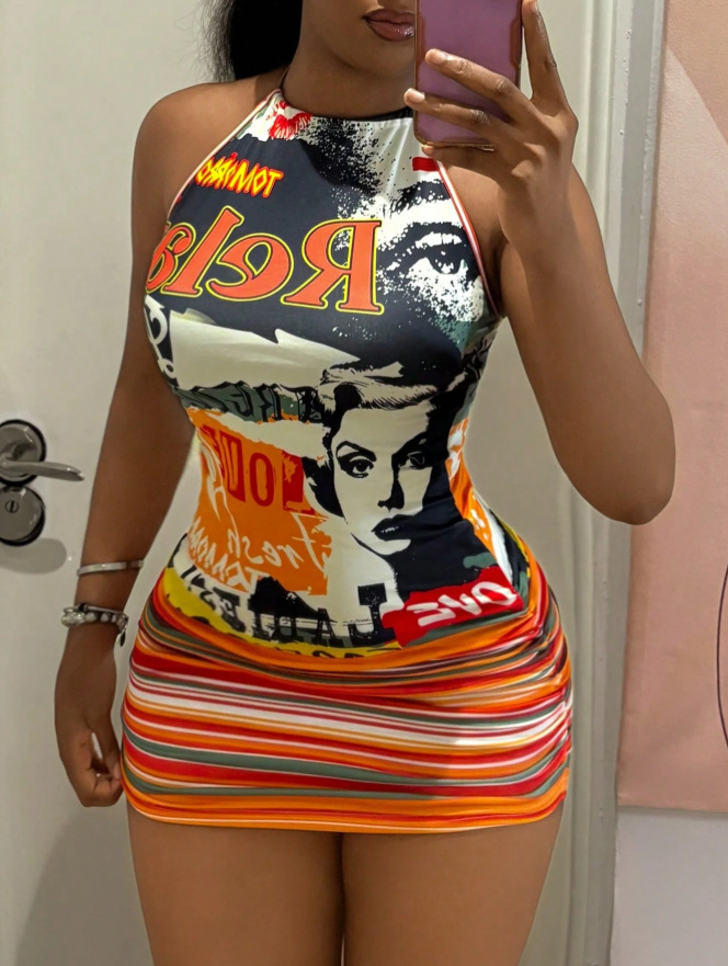 Graffiti Print Strap Mini Dress for Summer