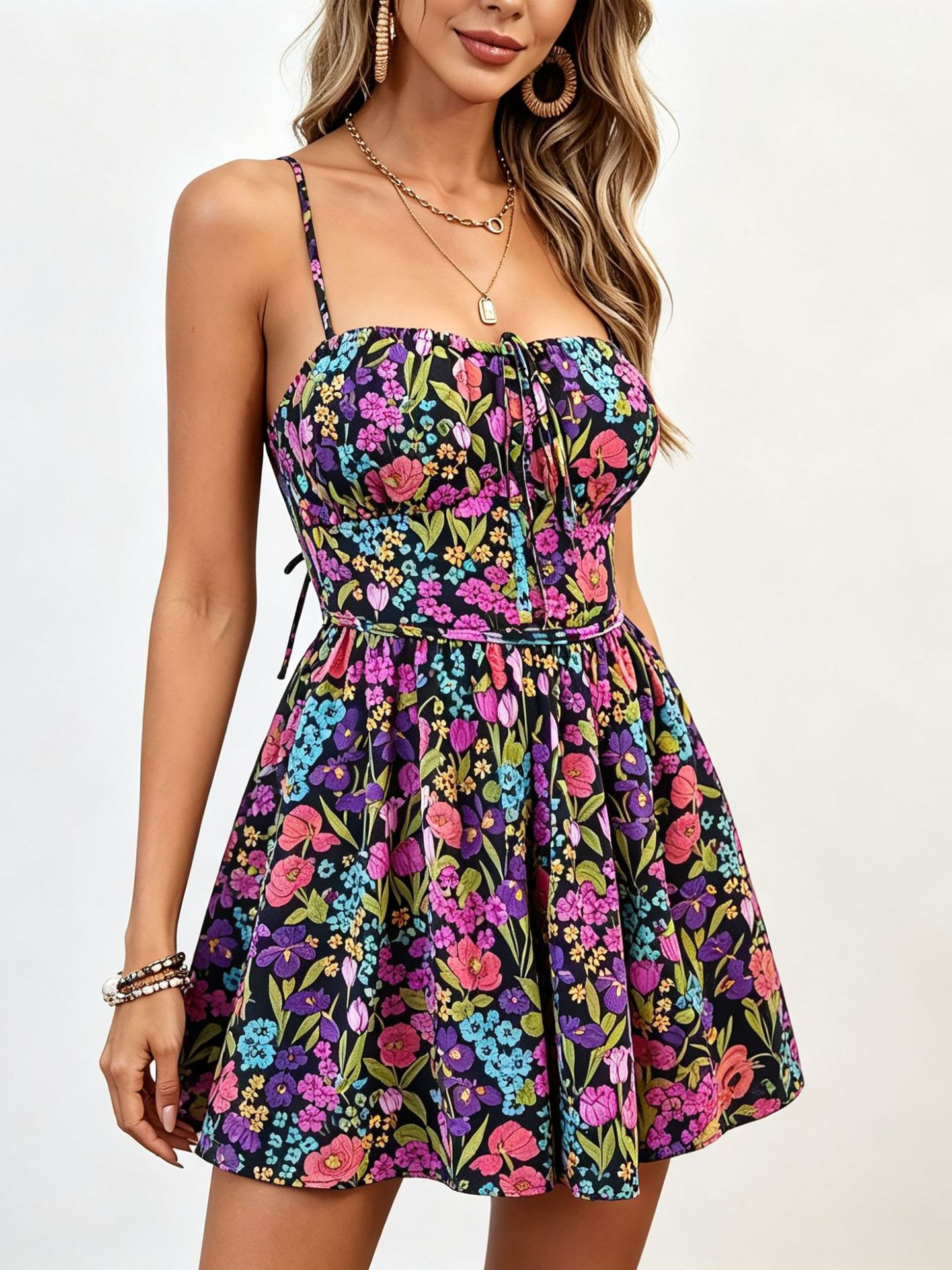 Floral Print Lace-Up Low-Back Jumpsuit