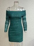 Women's Sequin Off-Shoulder Long-Sleeve Slim-Fit Bodycon Sexy Evening Dress