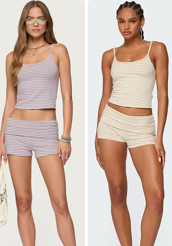 Women Striped Spaghetti Strap Top and Shorts Two‑Piece Set