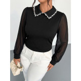 Plus Size Women Pearl Collar Patchwork Mesh Puff Sleeve Blouse Top