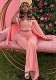 Women Autumn Off‑Shoulder Ruffle Trim Crop Top and Bell Bottom Pants Two‑Piece Set
