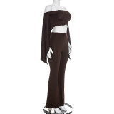 Women Autumn Off‑Shoulder Ruffle Trim Crop Top and Bell Bottom Pants Two‑Piece Set