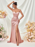 Women Strapless Sexy Slit Spaghetti Strap Maxi Dress