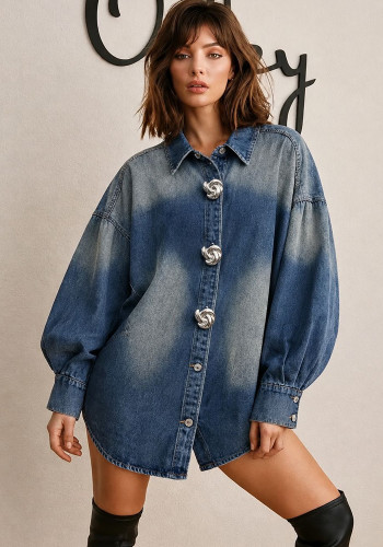 Women Autumn Winter Turndown Collar Big Button Gradient Wash Long Sleeve Denim Shirt