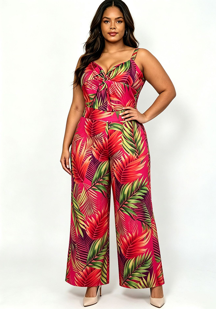 Plus Size V-Neck Spaghetti Strap Printed Jumpsuit