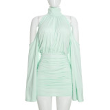 Women Autumn High Neck Off‑Shoulder Long Sleeve Ruched Bodycon Dress