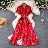 Women Summer V‑Neck French‑Style Printed Short Sleeve Maxi Dress