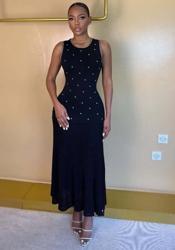 Women French Sleeveless Beaded Knit Summer Maxi Dress