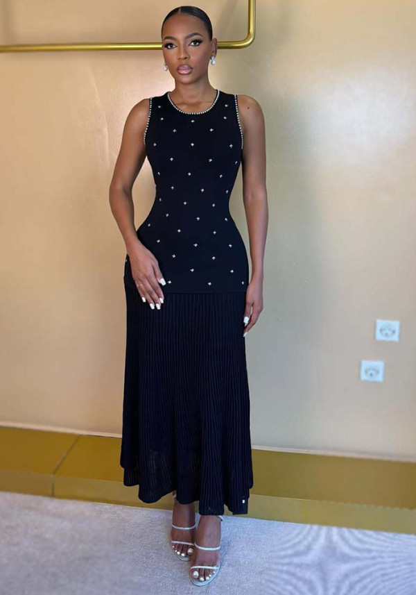 Women French Sleeveless Beaded Knit Summer Maxi Dress