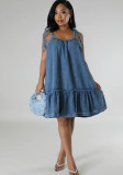 Women Summer Patchwork Spaghetti Strap Lace‑Up Denim Dress
