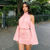 Women Autumn High Neck Off‑Shoulder Long Sleeve Ruched Bodycon Dress