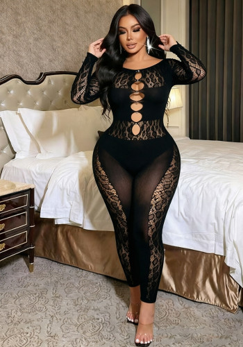 Women Sexy Long Sleeve Shimmer Mesh Jumpsuit Lingerie