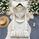 Women French Color‑Block Polo Collar Long Sleeve Ruffle Trim Dress