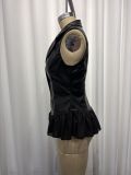 Women Sexy V‑Neck Sleeveless Ruffle Trim PU Leather Vest