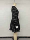 Women Autumn French Elegant Turndown Collar Polka Dot Dress