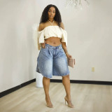 Women Autumn Winter Irregular Side Slit Five‑Point Ripped Denim Pants