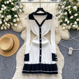 Women French Color‑Block Polo Collar Long Sleeve Ruffle Trim Dress