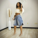 Women Autumn Winter Irregular Side Slit Five‑Point Ripped Denim Pants