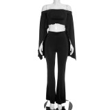 Women Autumn Off‑Shoulder Ruffle Trim Crop Top and Bell Bottom Pants Two‑Piece Set